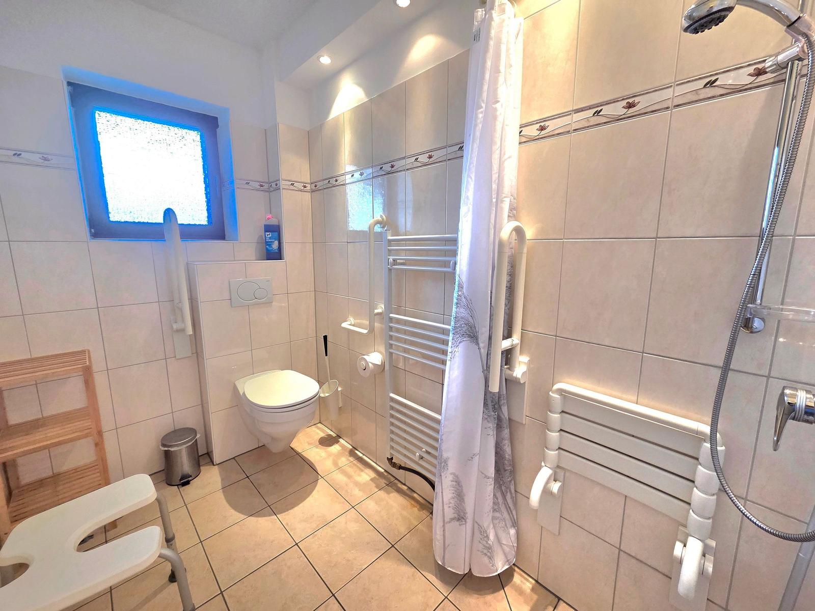 Bathroom with shower, toilet, and grab bars. Window with blue trim.