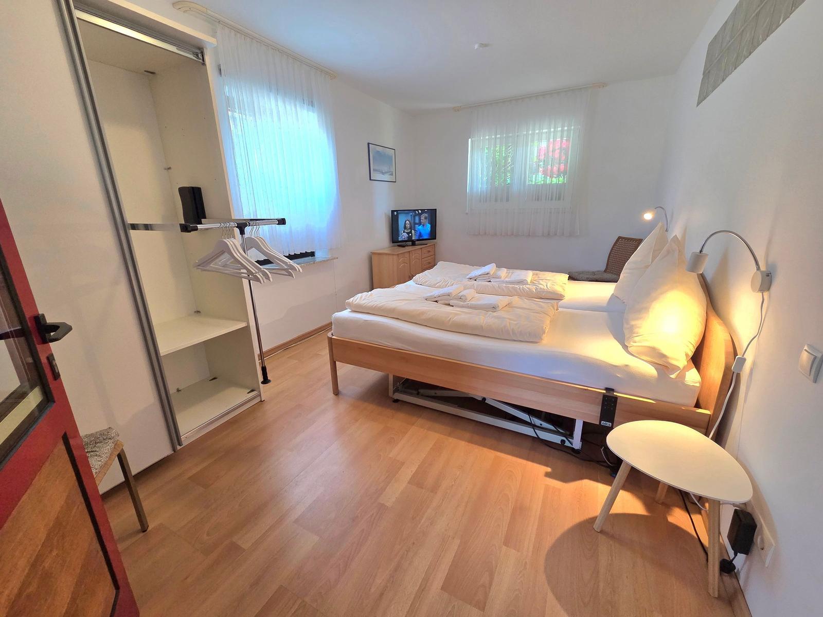 Bedroom with bed, closet, TV, and wooden floor.
