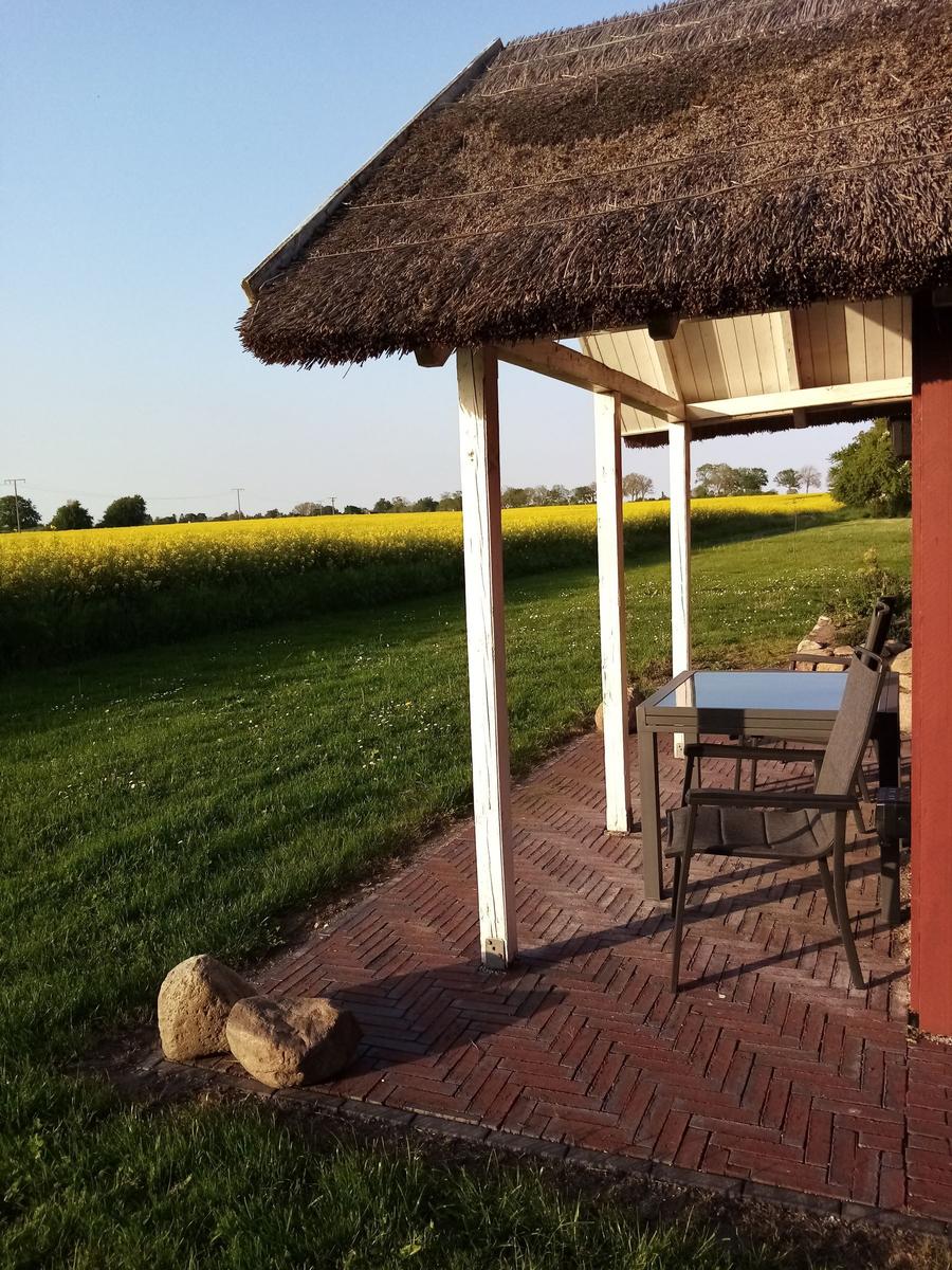 Terrasse mit Tisch und Stühlen unter strohgedecktem Dach. Hintergrund: grünes Feld und gelbe Blumen.