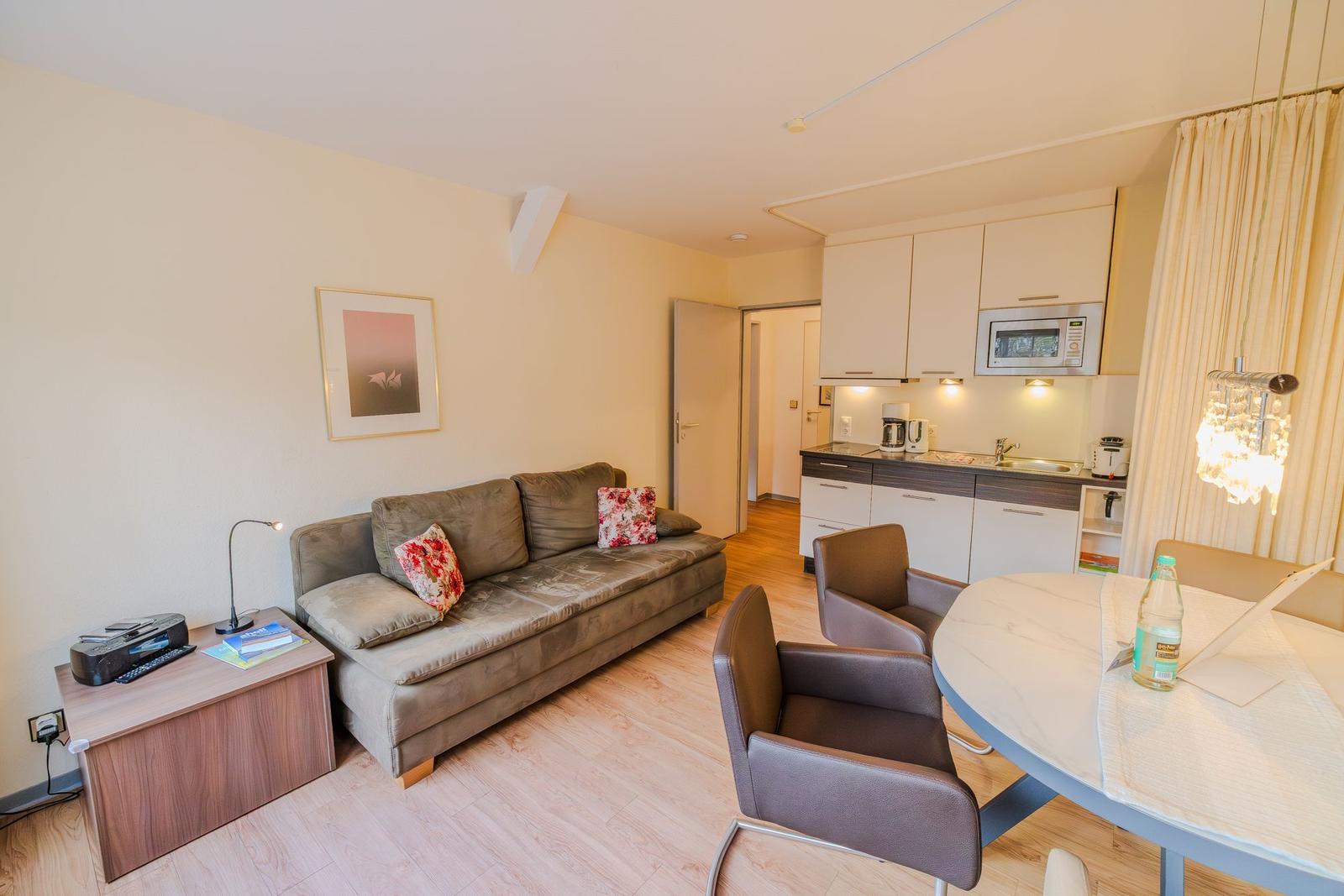 Wohnbereich mit Sofa, Esstisch und Küchenzeile