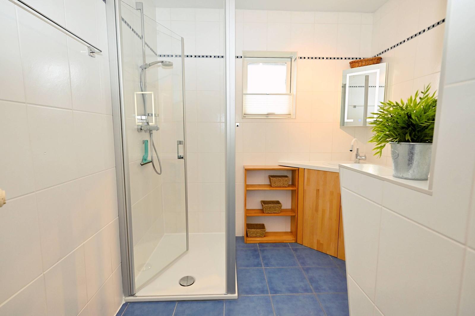 Badezimmer mit Dusche, Waschbecken und Holzregal.
