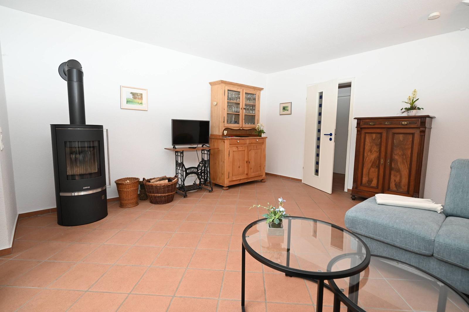 Wohnzimmer mit Kaminofen, Fernseher, Holzmöbel und Glasplatte.