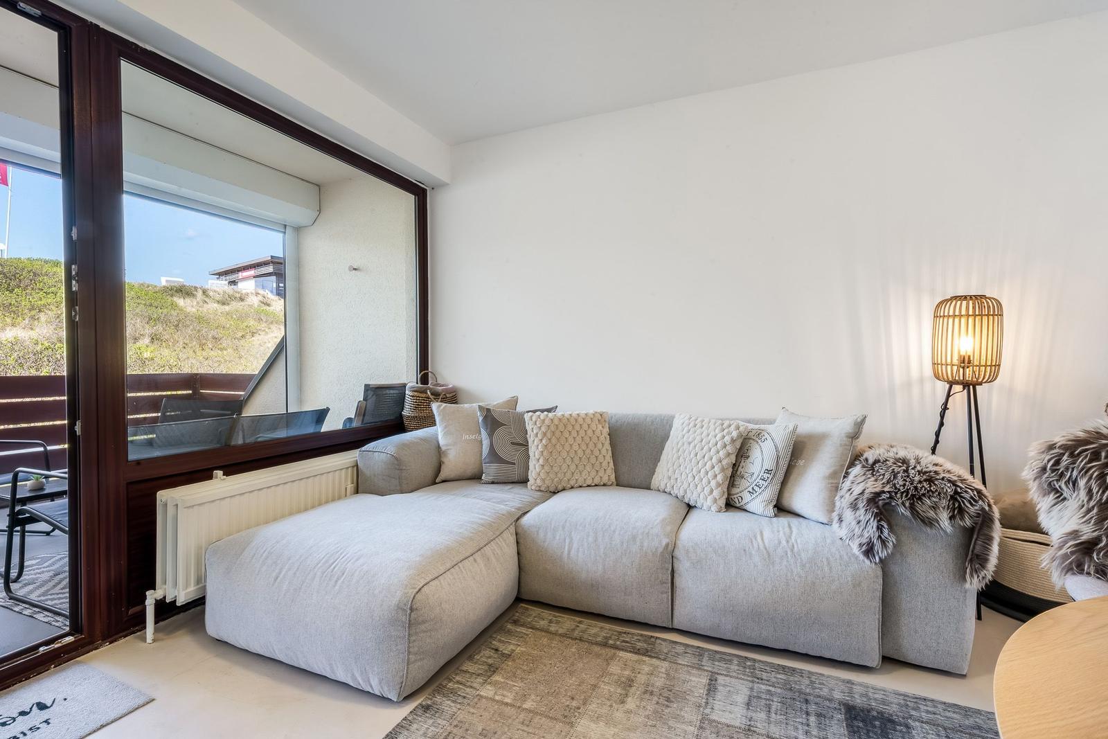 A gray sofa with cushions and a fur throw in front of a large window.