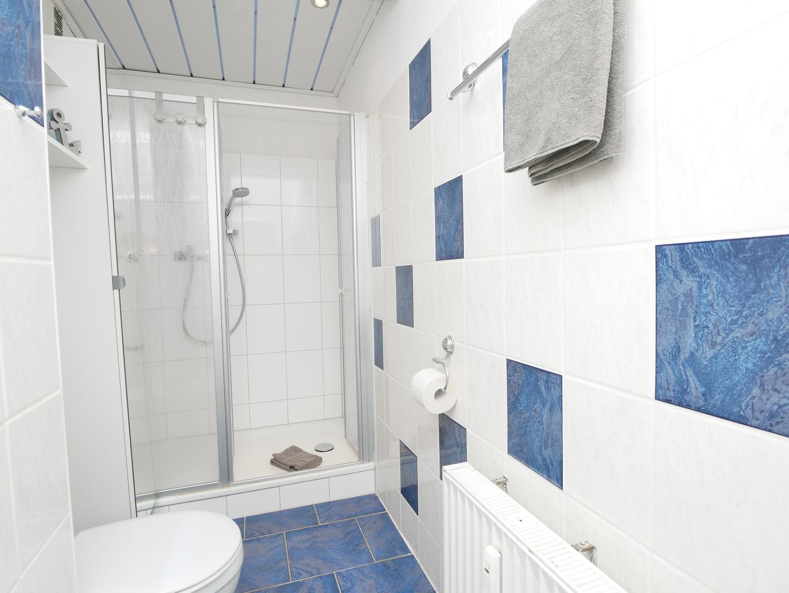 Badezimmer mit Dusche, Toilette und blauen Fliesen