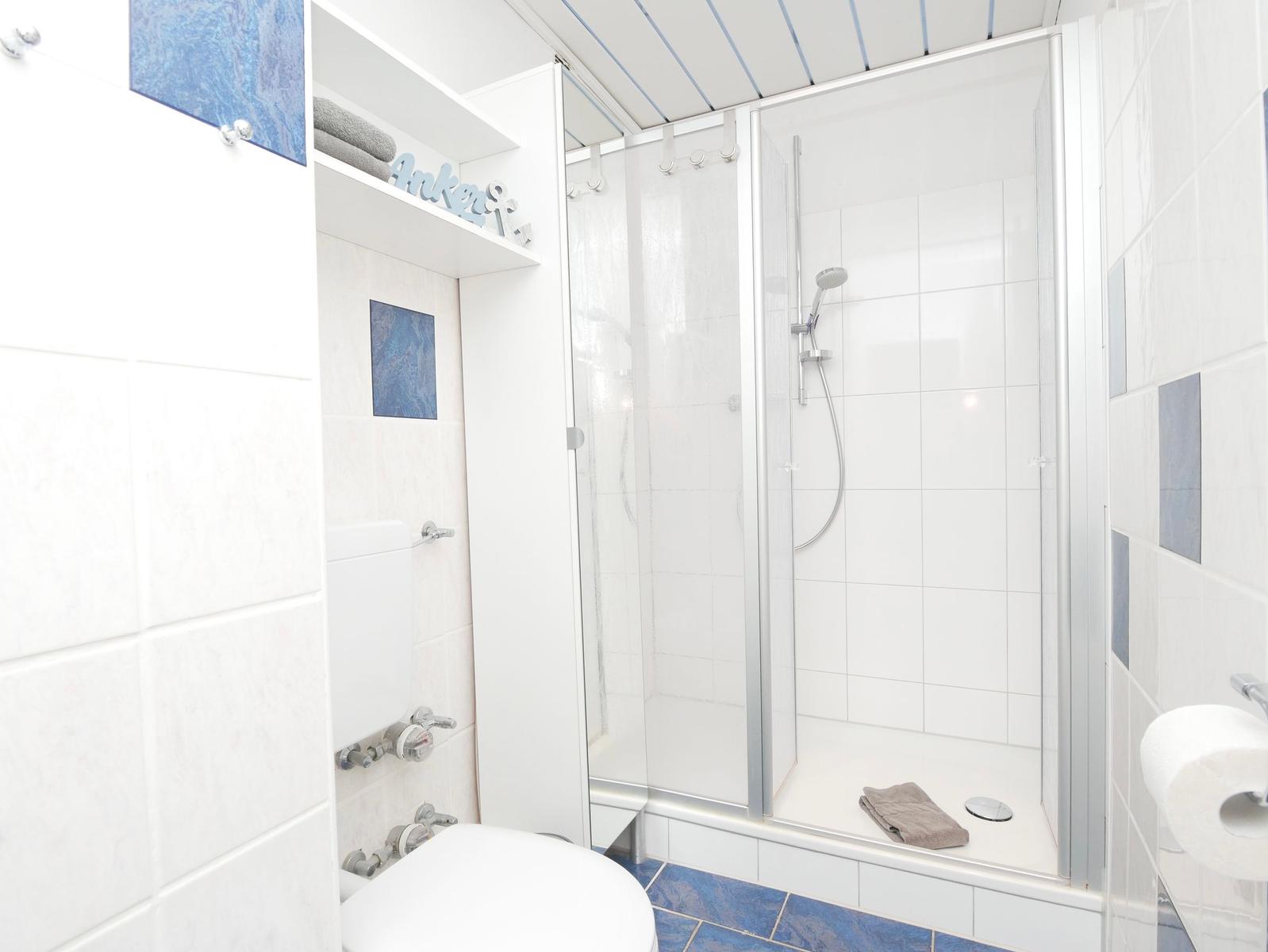 Badezimmer mit Dusche, Toilette und blauen Fliesen