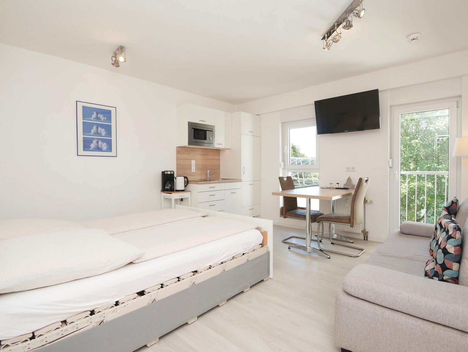 Schlafzimmer mit Bett, Sofa, Küchenzeile und TV. Balkon mit Blick auf Grün.