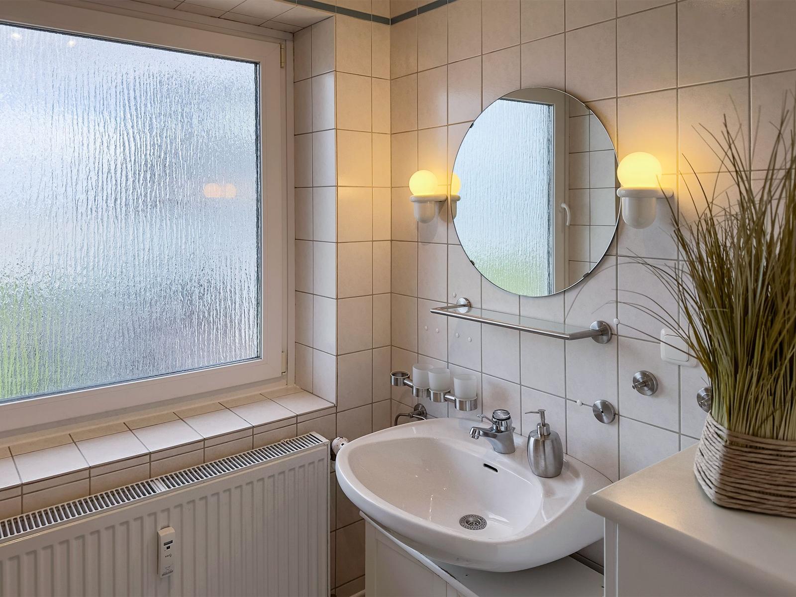 Bathroom with sink, mirror, and window with tinted glass.