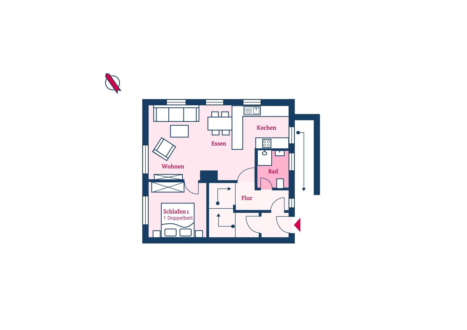 Wohnung mit Küche, Essbereich, Schlafzimmer und Bad. Flur und Wohnbereich sind verbunden.