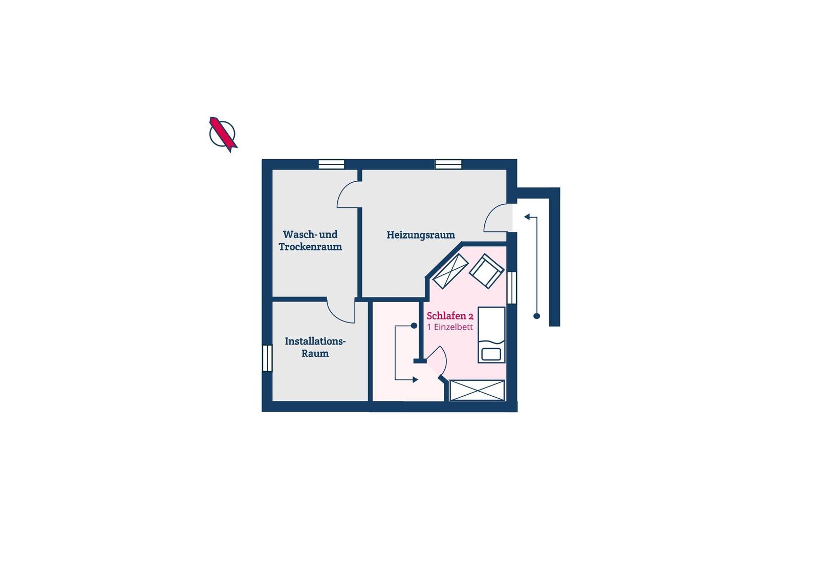 Dieses Grundriss zeigt Schlafzimmer 2 mit Einzelbett, Heizungsraum, Wasch- und Trockenraum sowie Installationsraum.