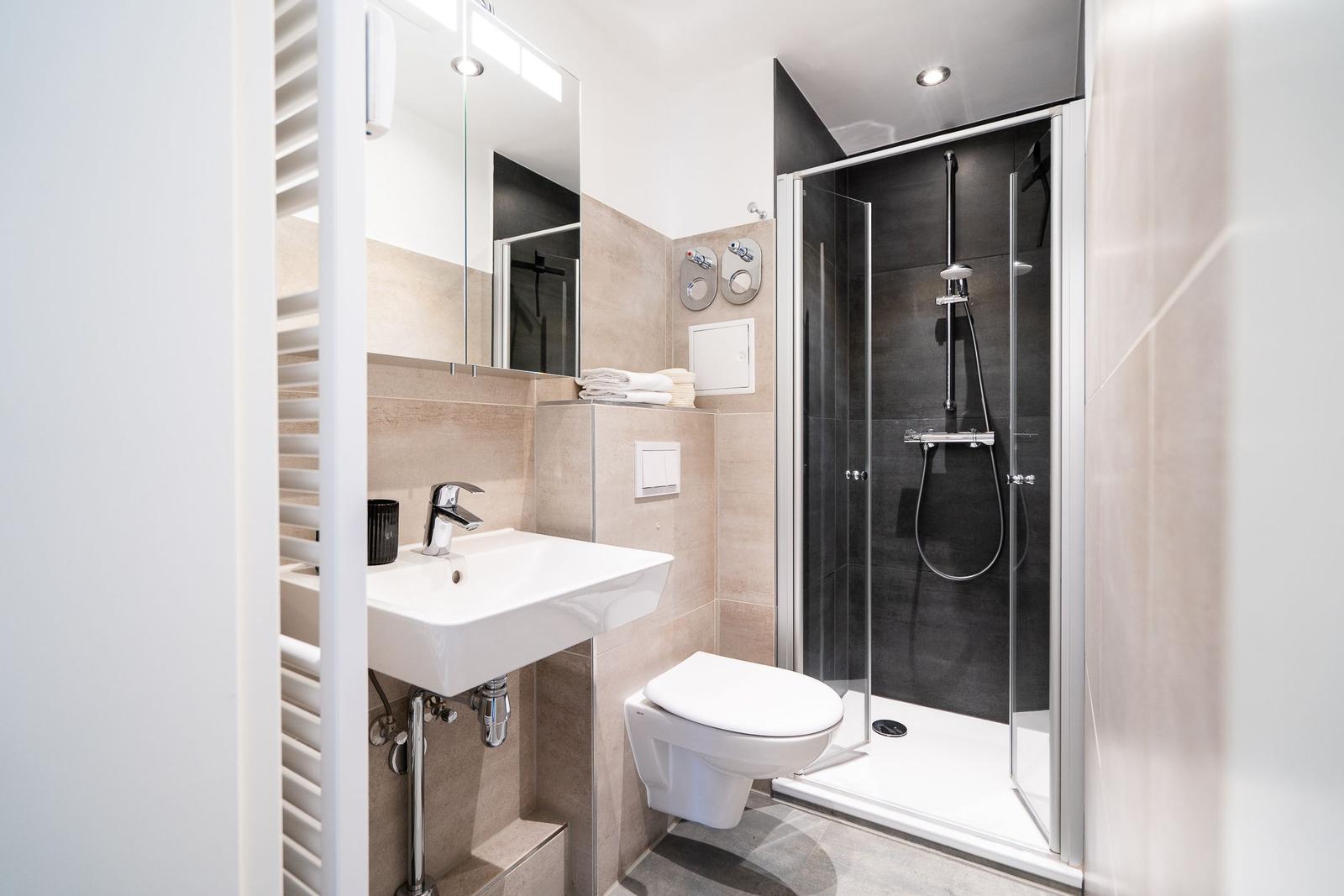 Bathroom with shower, sink, and toilet. Modern equipment.