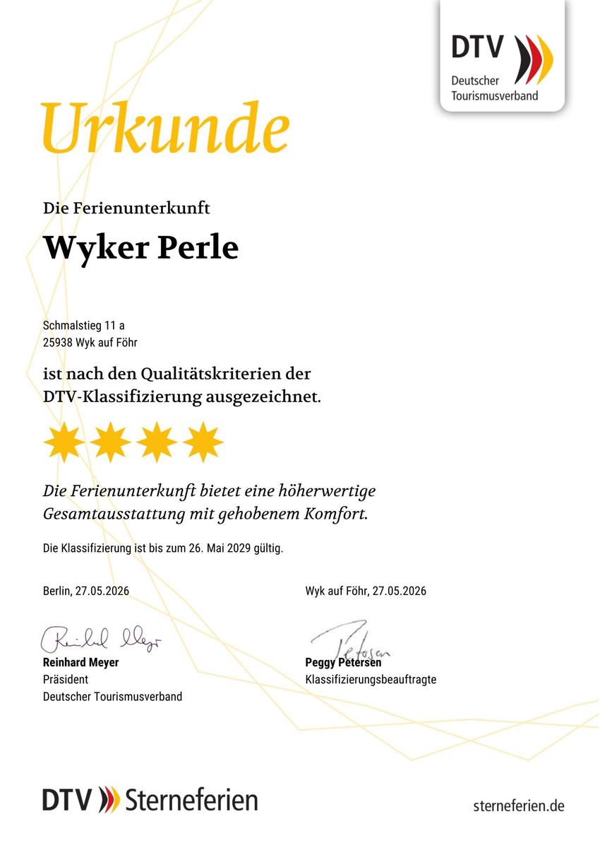 Die Ferienunterkunft Wyker Perle ist DTV-fünfsterne-zertifiziert mit höherwertiger Ausstattung.