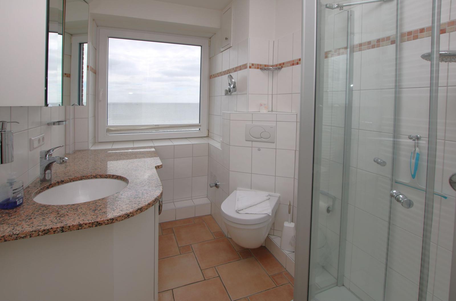 Badezimmer mit Dusche, Toilette und Waschbecken mit Meerblick.