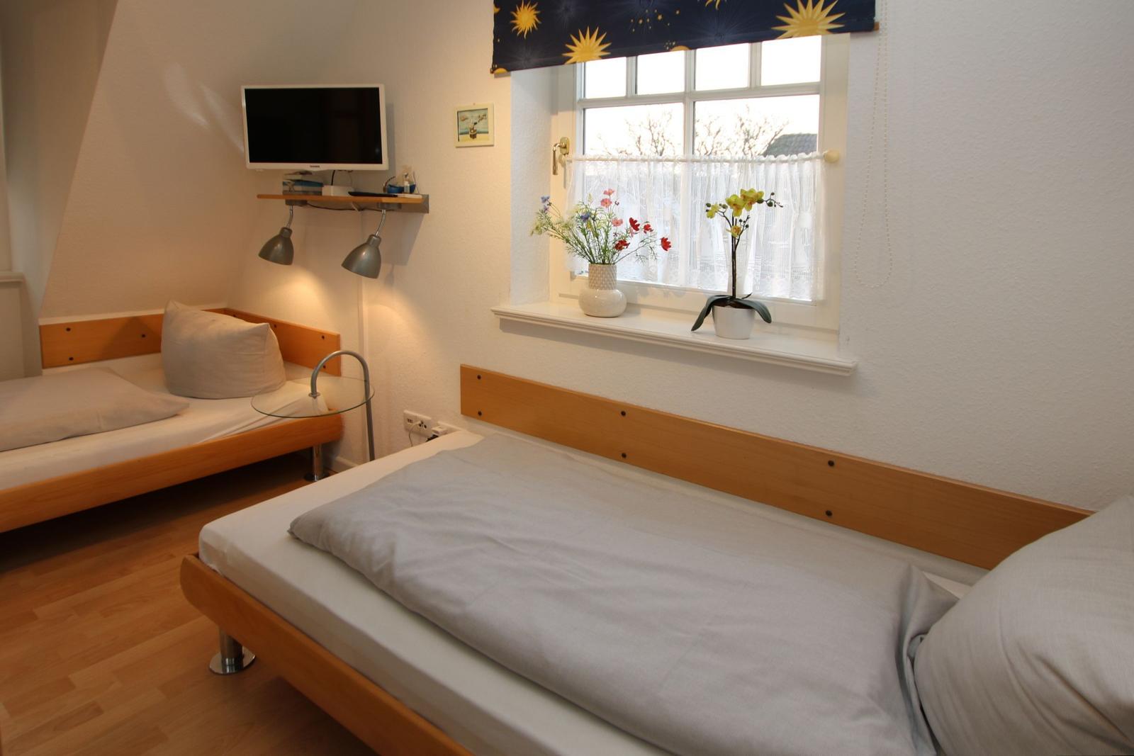 Zwei Betten mit Holzrahmen, Fenster mit Blumen und Fernseher an der Wand.