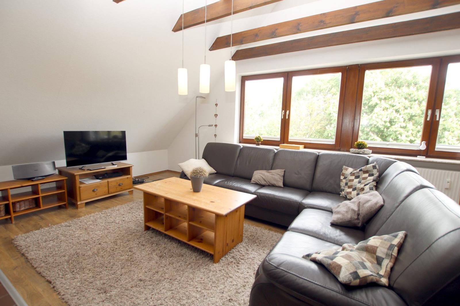 Wohnzimmer mit Sofa, Couchtisch und Fernseher. Holzdecken und Fenster mit Blick auf Bäume.