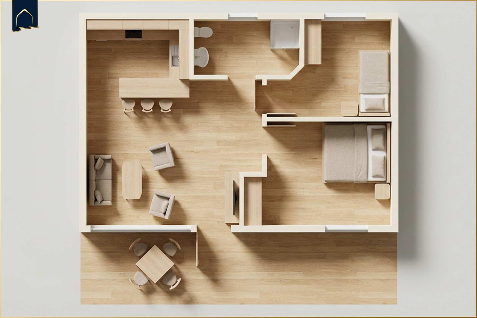 Dieses Apartment hat zwei Schlafzimmer, eine Küche, ein Bad und einen Wohnbereich mit Essbereich.