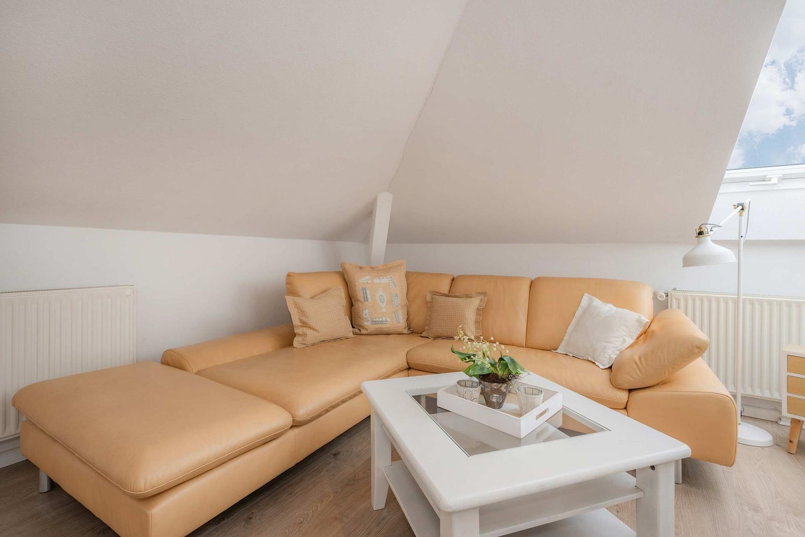 Ein Wohnzimmer mit einem hellbraunen Sofa, einem weißen Tisch und einem Dachfenster.