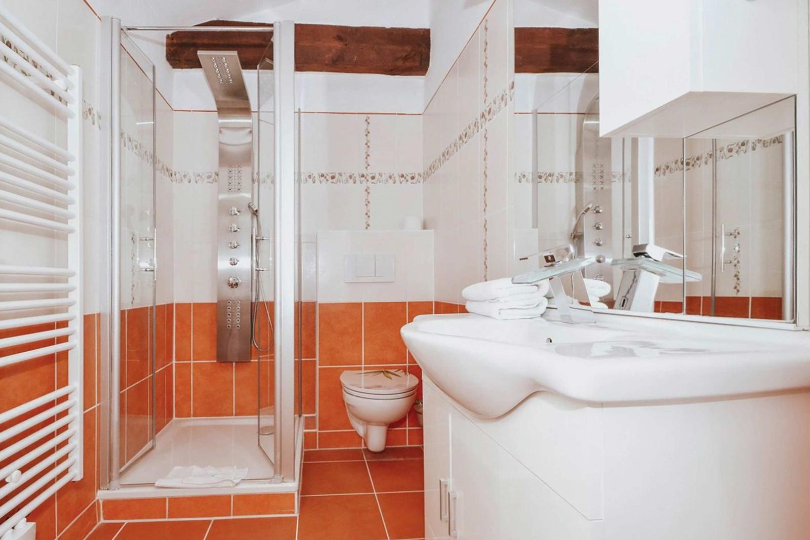 Bathroom with shower, sink, and toilet. Orange tiles and wooden beams.
