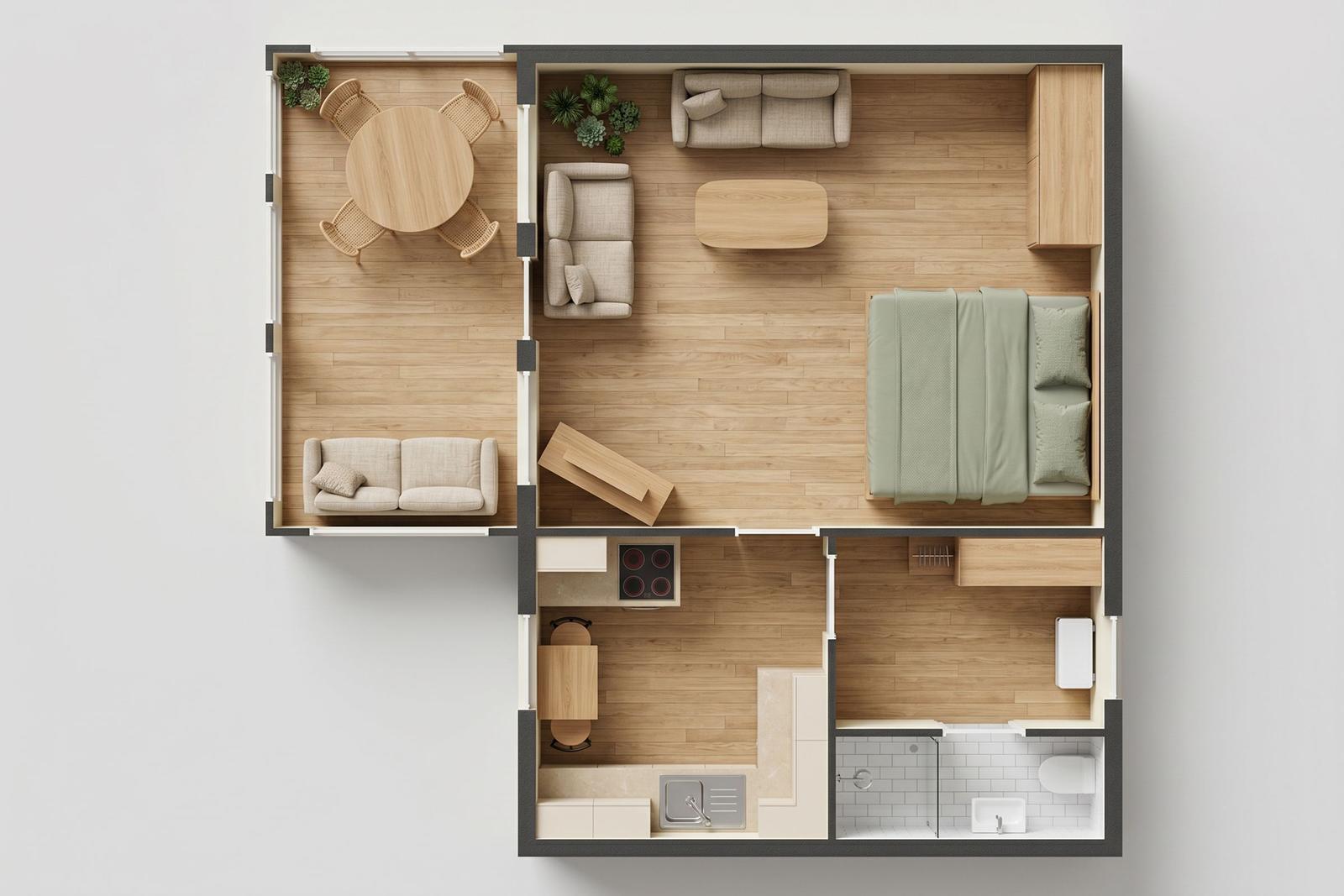 Apartment with bedroom, living area, kitchen, and bathroom. Wooden floors and modern furnishings.