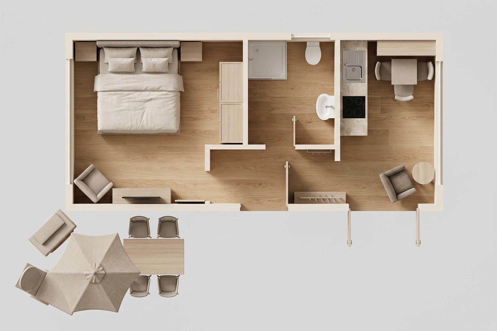 Ein Schlafzimmer mit Bett, Schrank und Sitzgelegenheit. Küche, Bad und Terrasse mit Tisch und Stühlen.