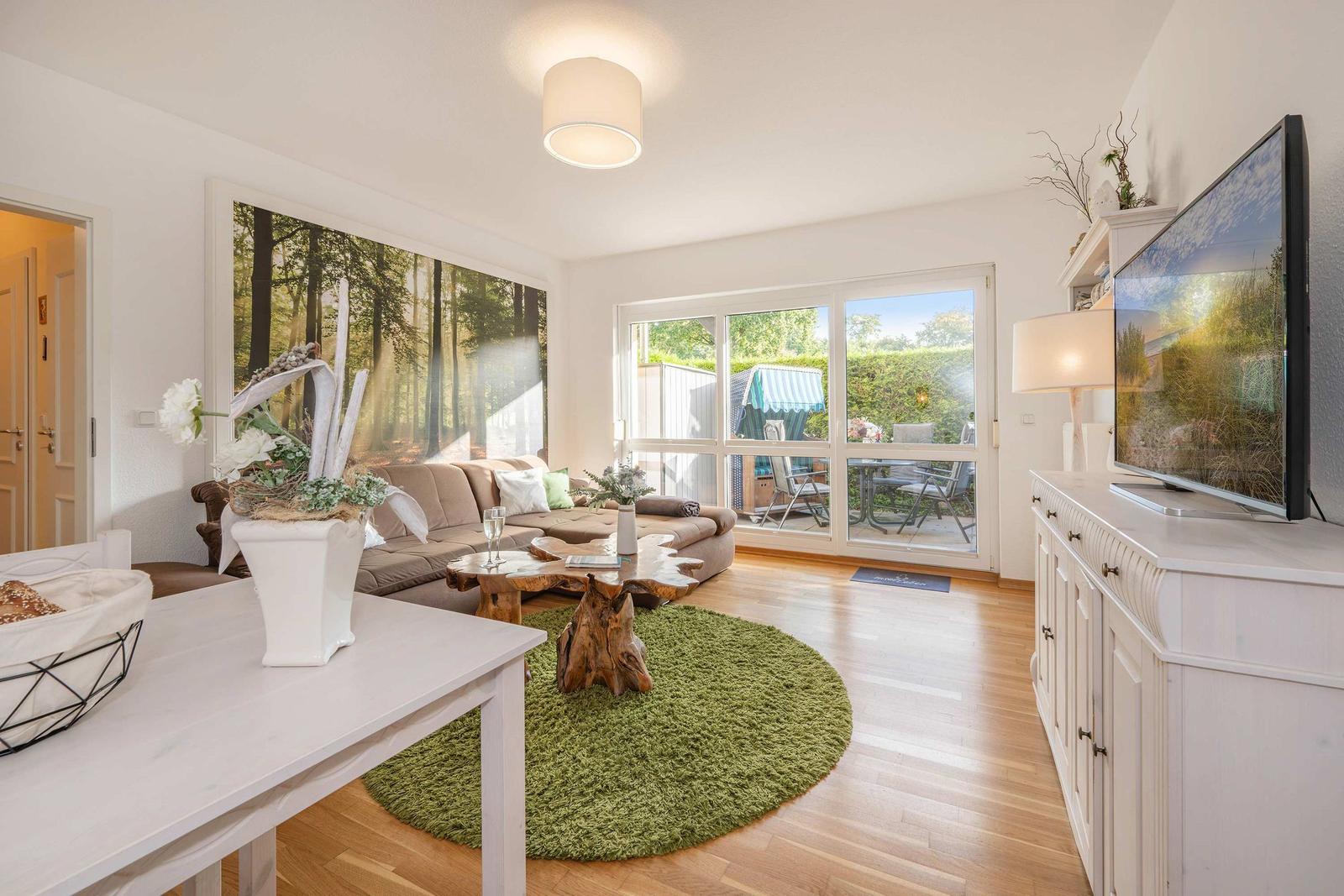 Living room with sofa, green rug, and TV. Entrance to terrace with garden.