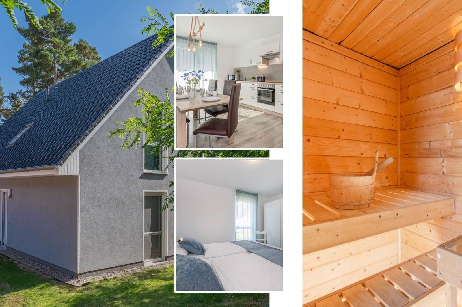 Ferienhaus mit Sauna, Küche und Schlafzimmer. Außenansicht mit Baum und blauem Himmel.