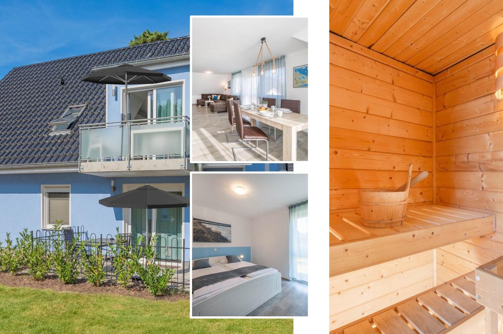 Blau gestrichenes Haus mit Balkon, Wohnzimmer, Schlafzimmer und Sauna.