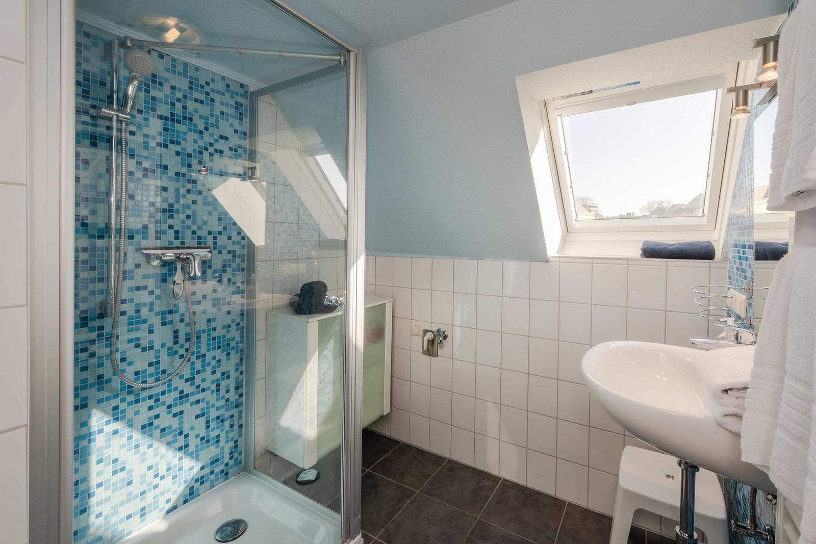 Badezimmer mit Dusche, Waschbecken und Dachfenster.