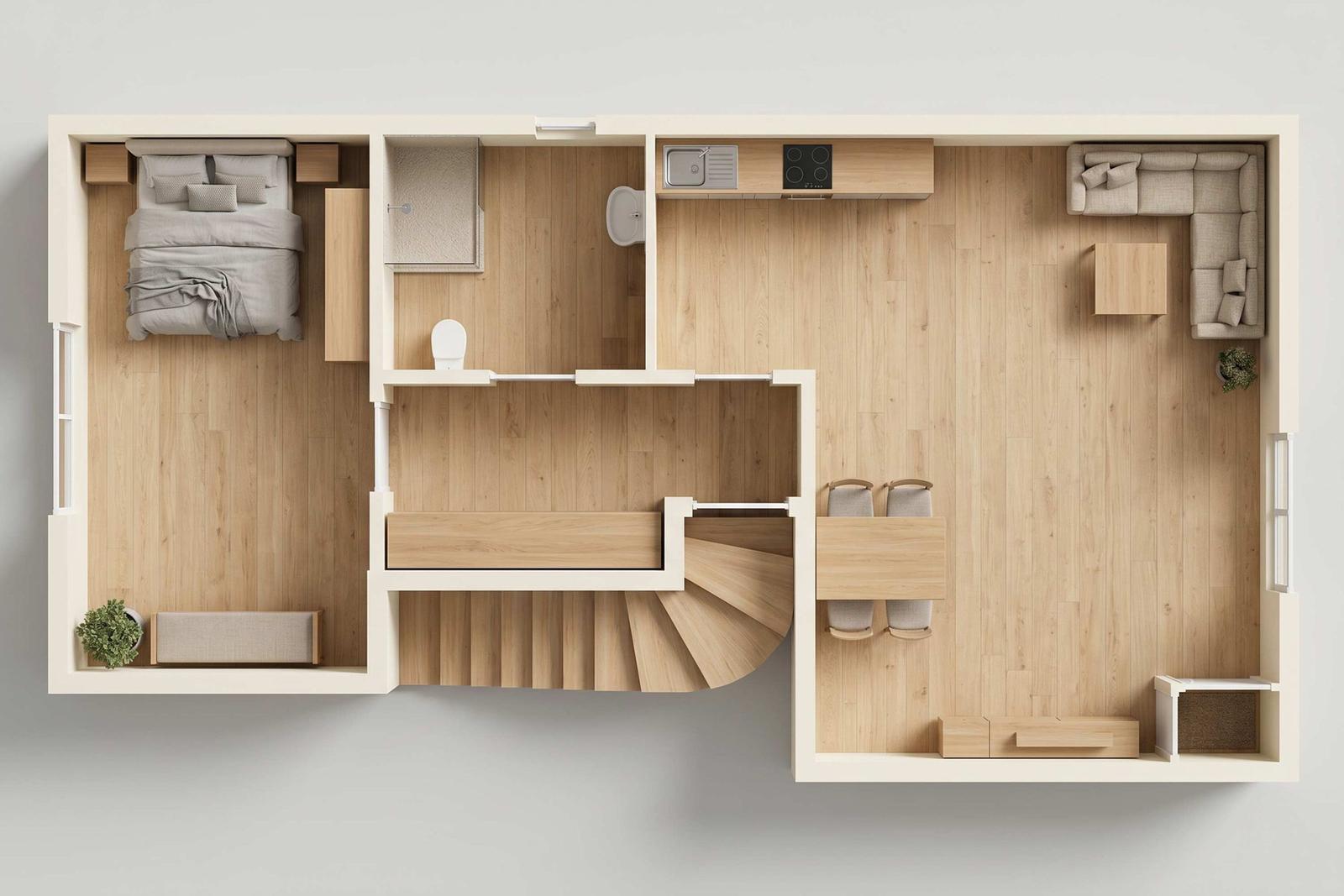 Dieses Ferienhaus bietet ein Schlafzimmer, eine Küche, ein Bad und ein Wohnzimmer mit Sofa.