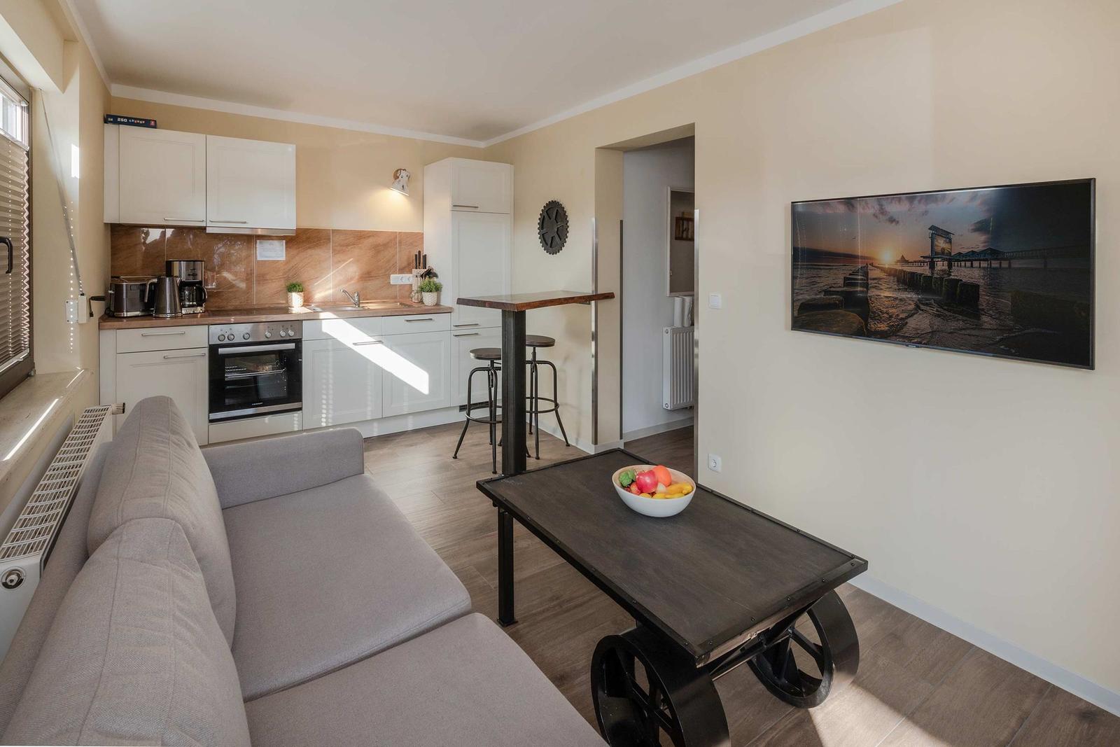 Wohnbereich mit Sofa, Küchenzeile und Fernseher an der Wand.
