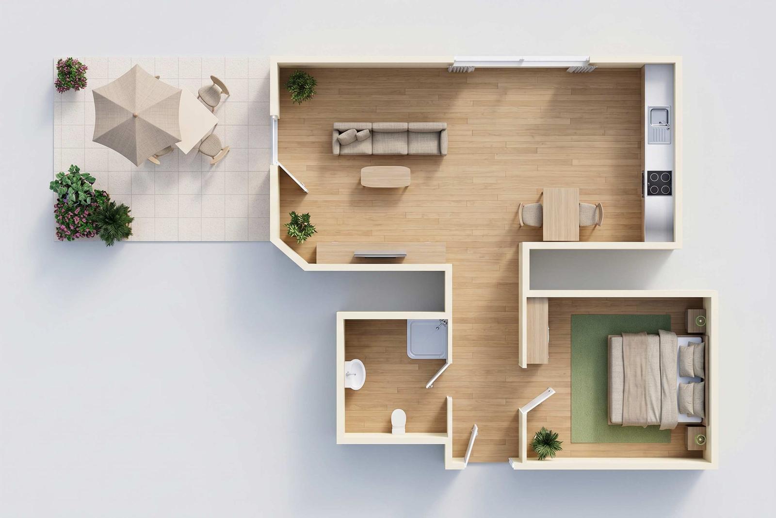 Wohnung mit Küche, Schlafzimmer, Bad und Terrasse mit Tisch und Sonnenschirm.