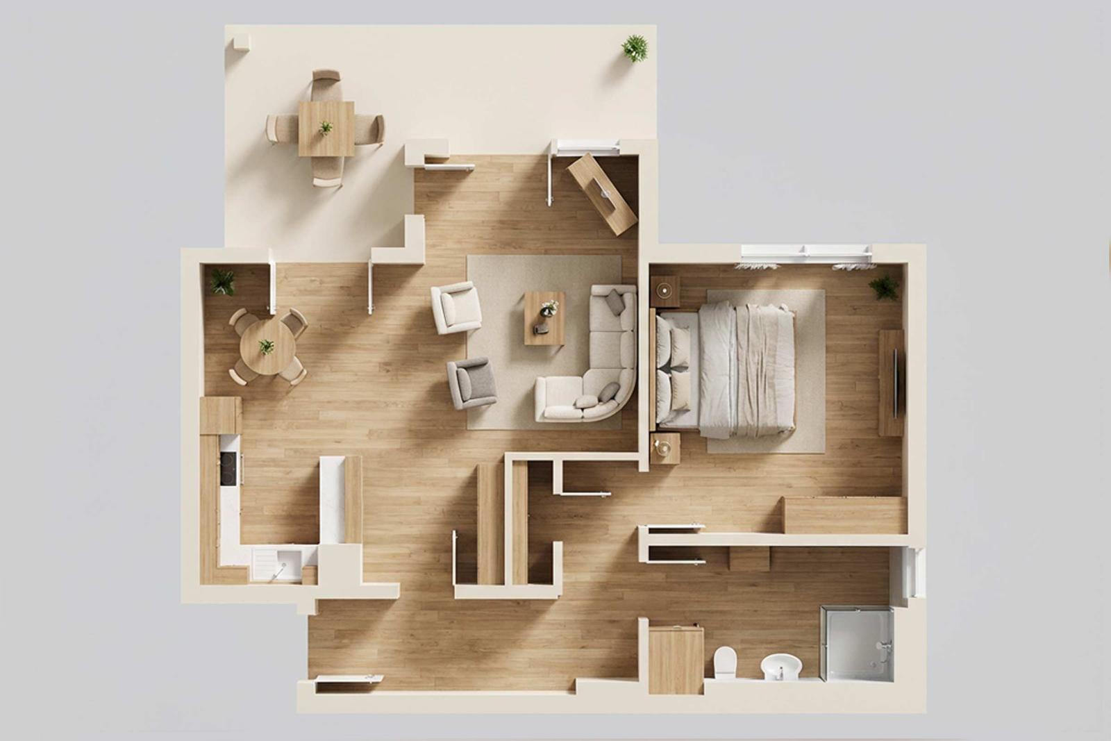 Wohnung mit Schlafzimmer, Wohn- und Essbereich sowie Küche und Bad.