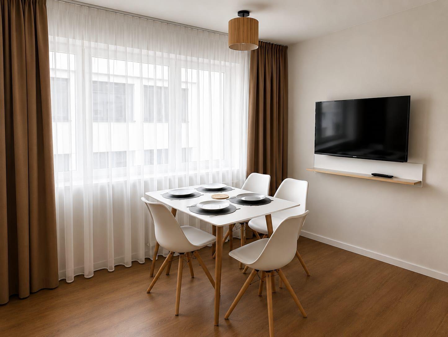Essbereich mit Tisch, vier Stühlen, TV und Fenster mit Vorhängen.
