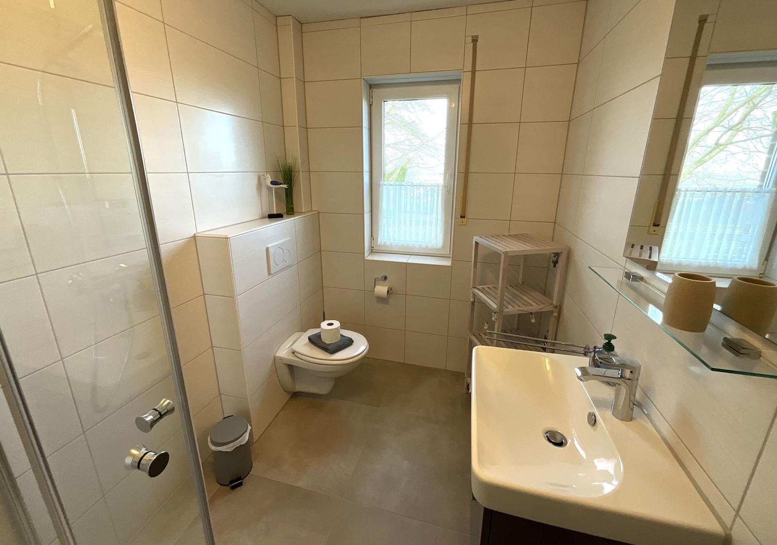 Badezimmer mit Dusche, WC, Waschbecken und Fenster.
