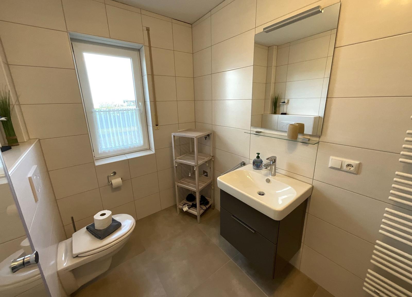 Badezimmer mit Waschbecken, Spiegel, Toilette und Fenster