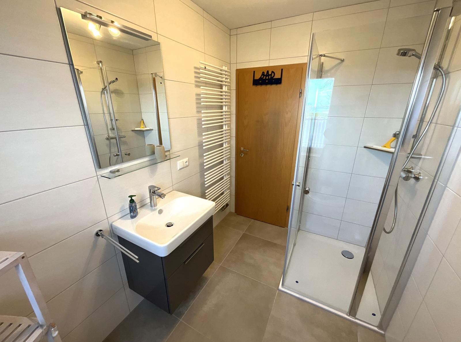 Badezimmer mit Dusche, Waschbecken und Heizkörper