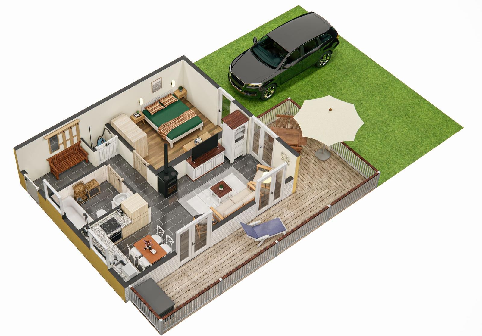 Haus mit Schlafzimmer, Wohnbereich, Küche und Terrasse mit Sonnenschirm.