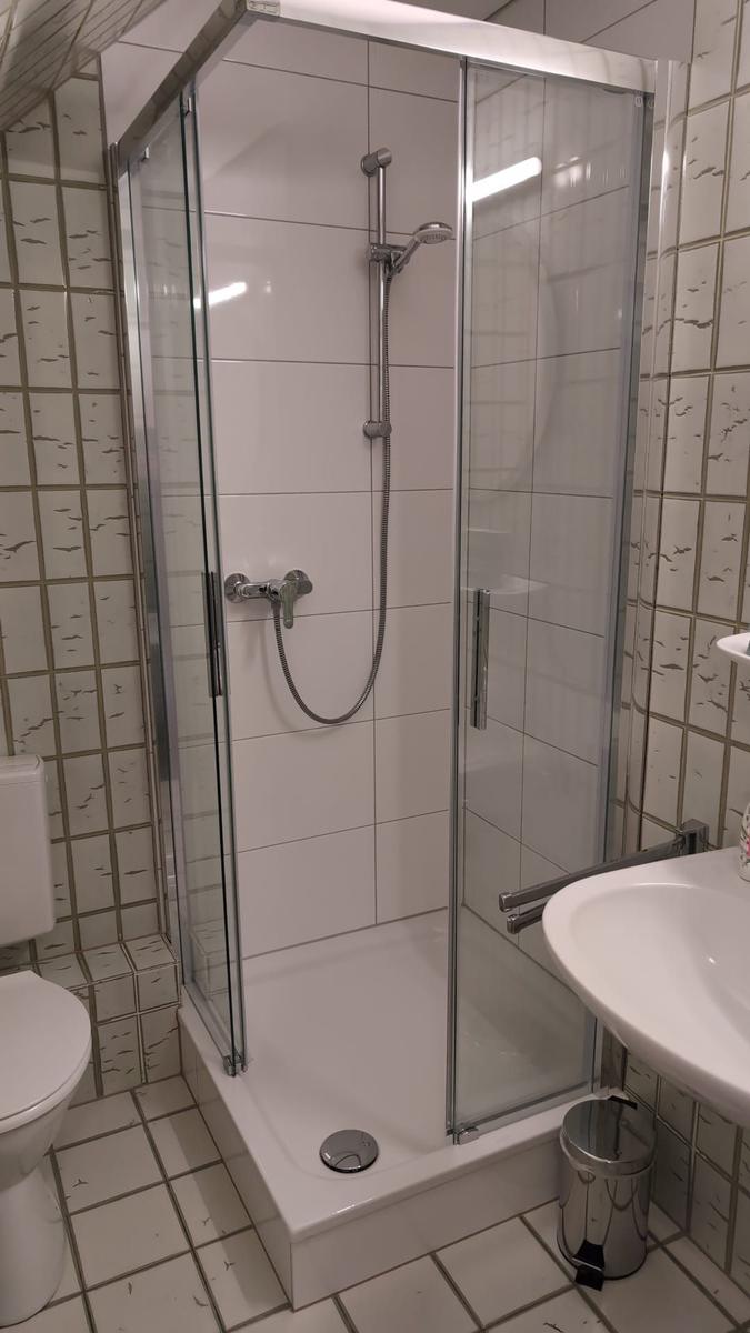 Duschkabine mit Glaswand, Toilette und Waschbecken in einem Badezimmer.