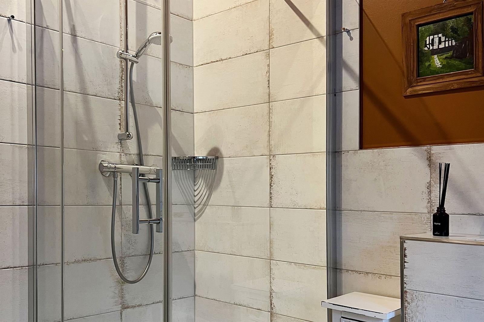 Dusche mit Glaswand, weißen Fliesen und Duschbrause. An der Wand hängt ein Bild.