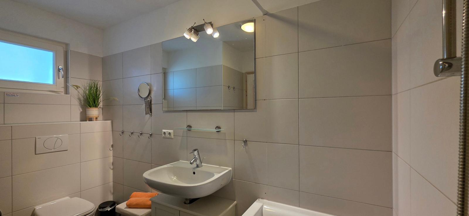 Badezimmer mit Waschbecken, Spiegel, Toilette und Dusche.