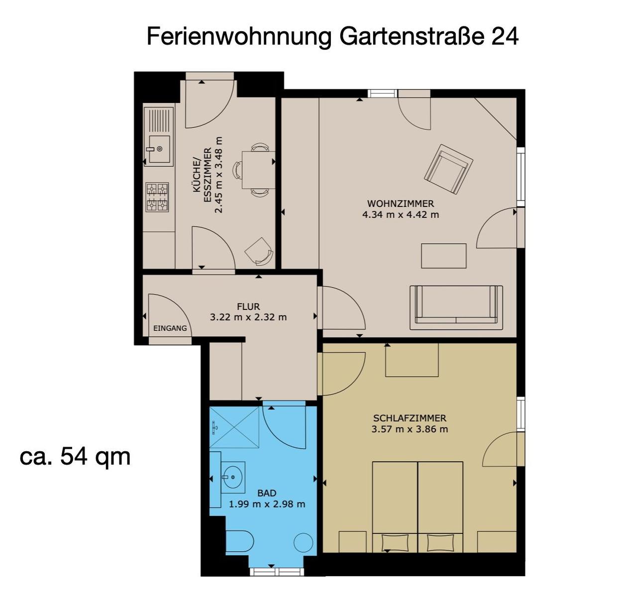 Ferienwohnung mit Küche, Wohnzimmer, Schlafzimmer und Bad. Fläche ca. 54 qm.