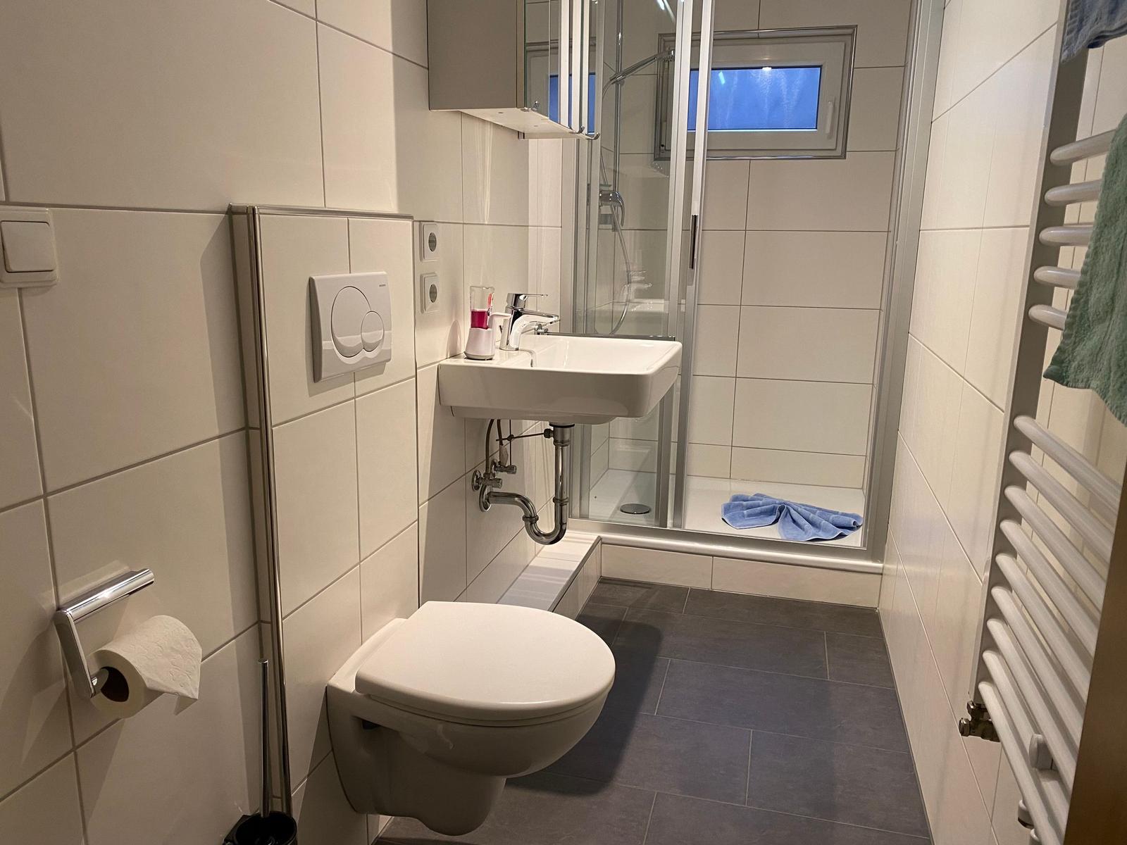 Badezimmer mit Dusche, Waschbecken und WC. Fliesenboden und Heizung.