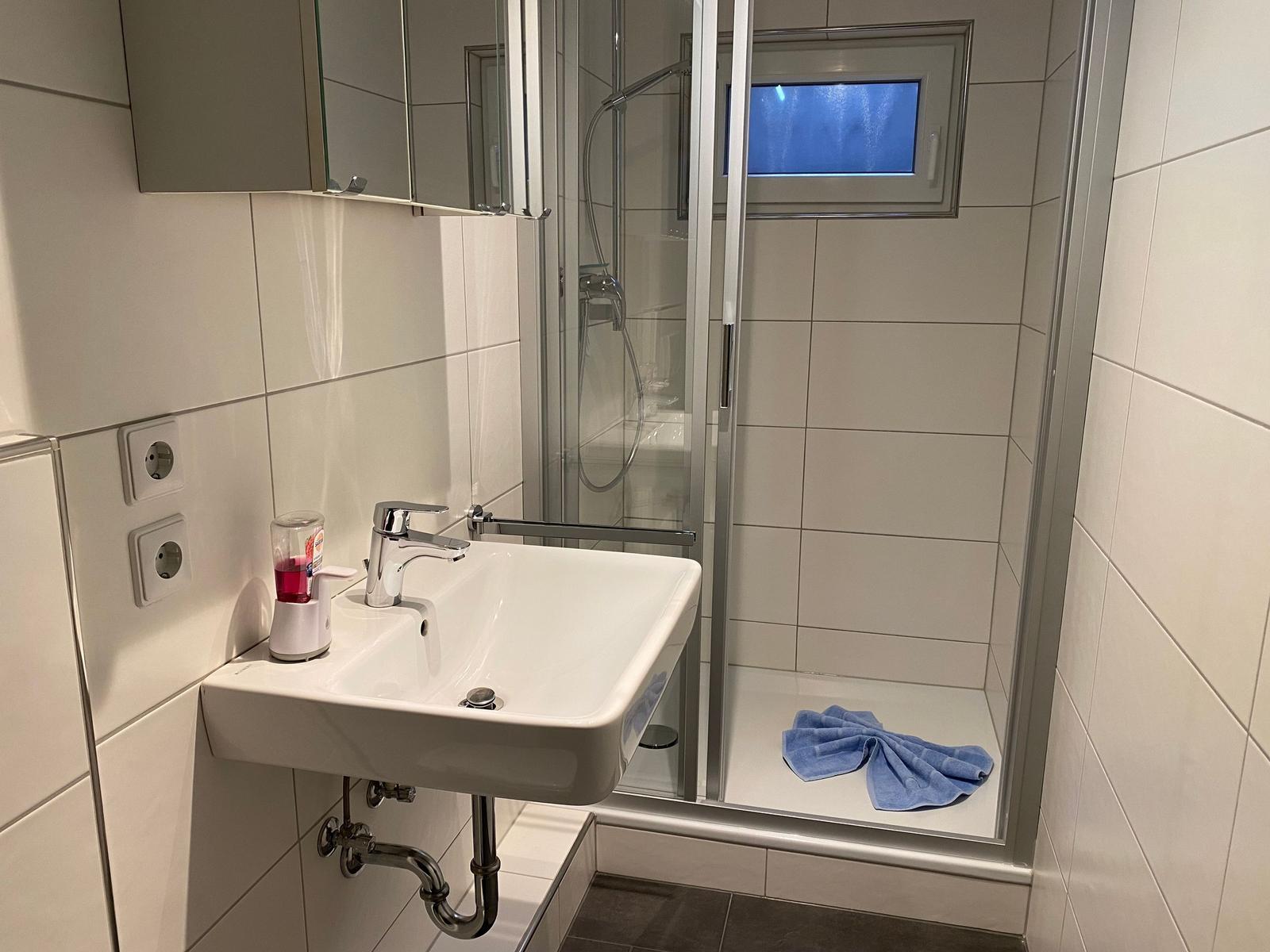 Bad mit Dusche, Waschbecken und Spiegelschrank. Blau getupfte Handtuch liegt auf dem Boden.