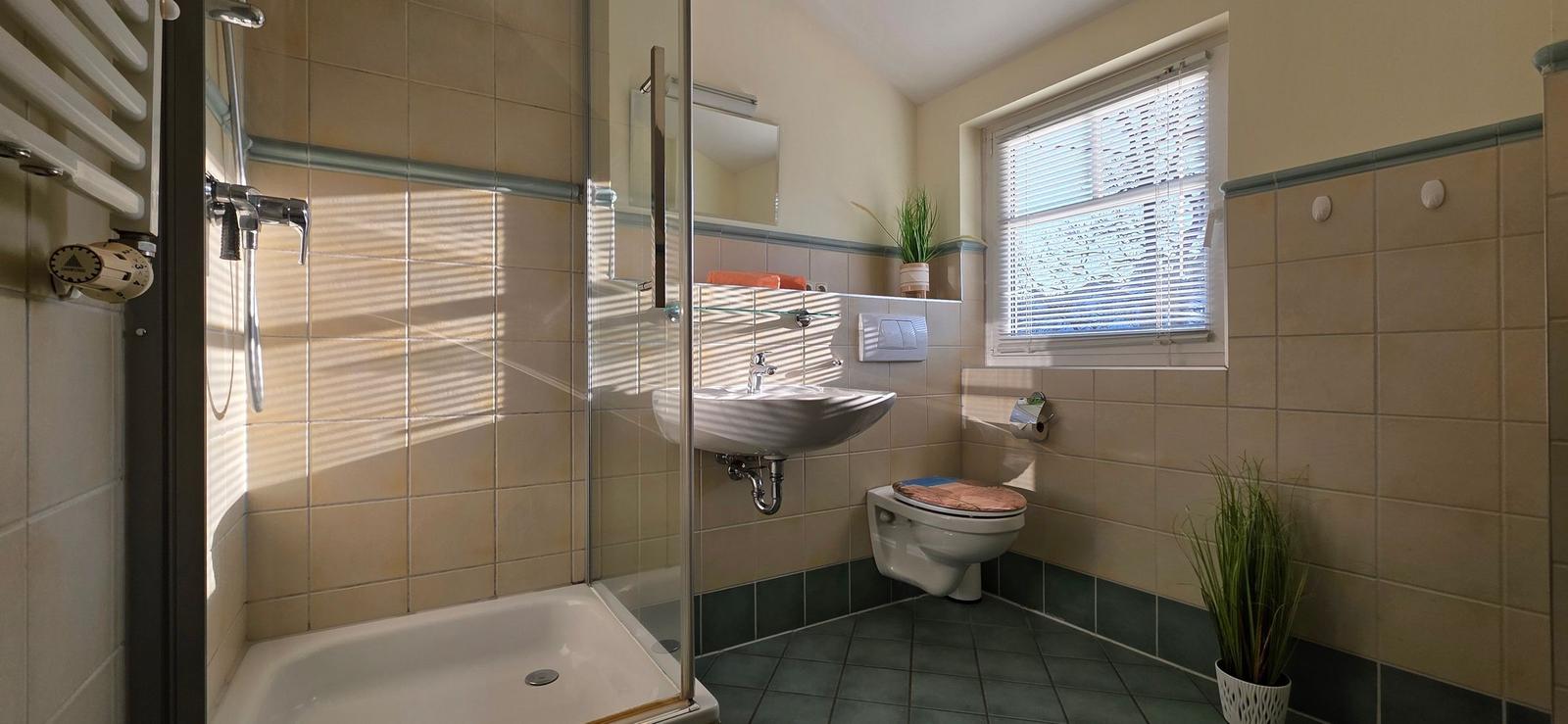 Badezimmer mit Dusche, Waschbecken und Toilette. Fenster mit Jalousie und Pflanzen.