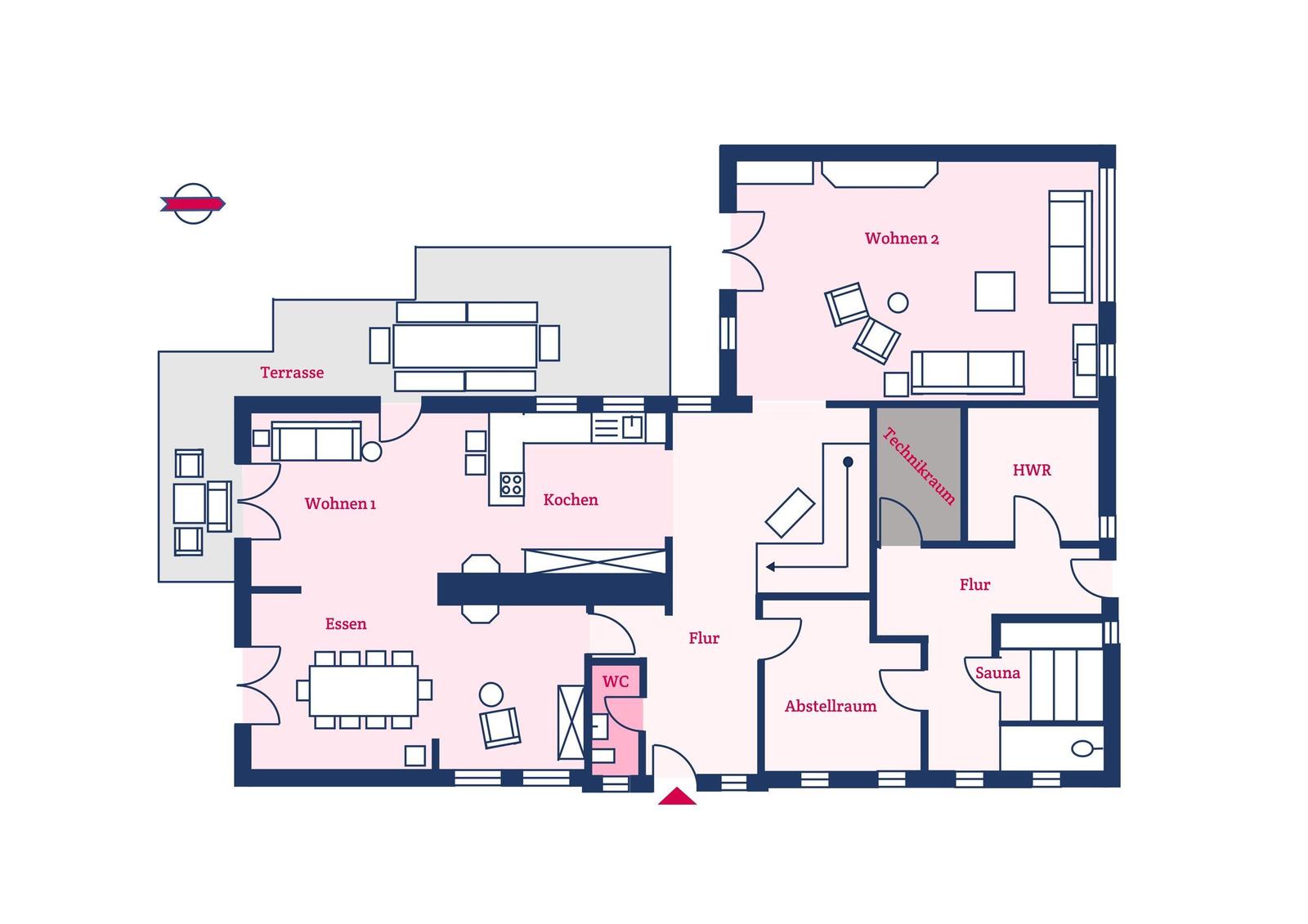 Dieses Haus hat zwei Wohnräume, eine Küche, eine Terrasse und eine Sauna.