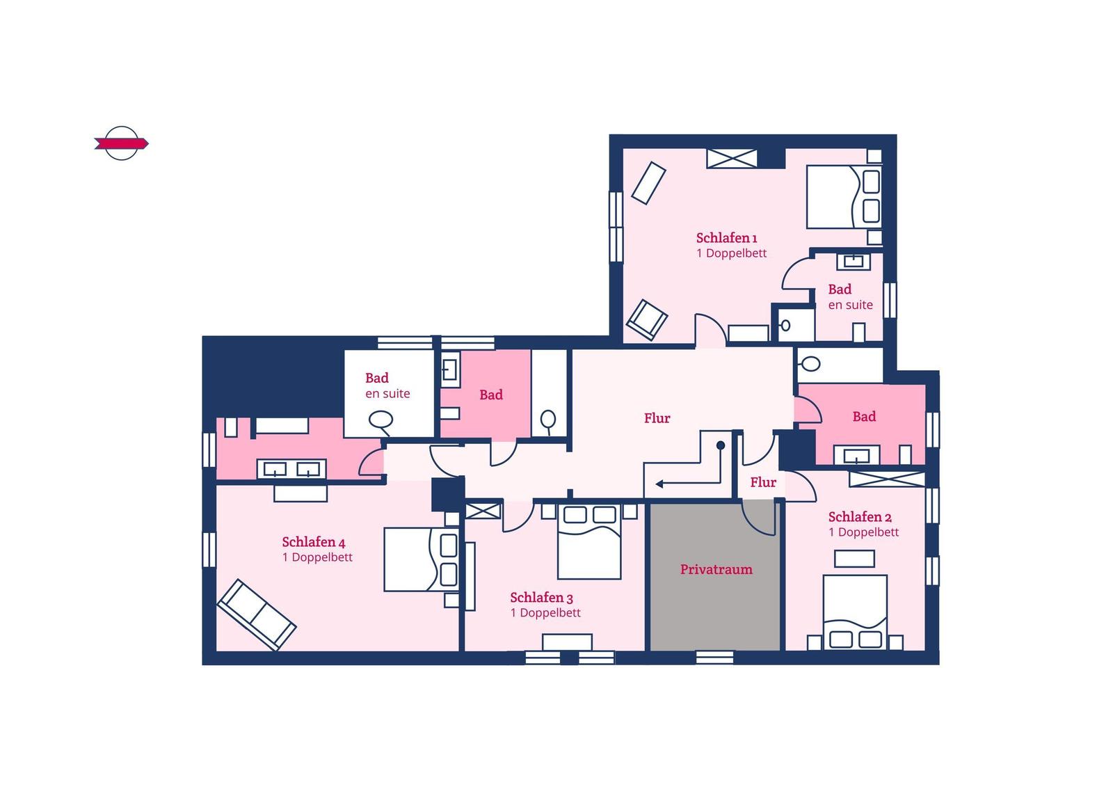 Floor plan shows four bedrooms, three bathrooms, and a private room.