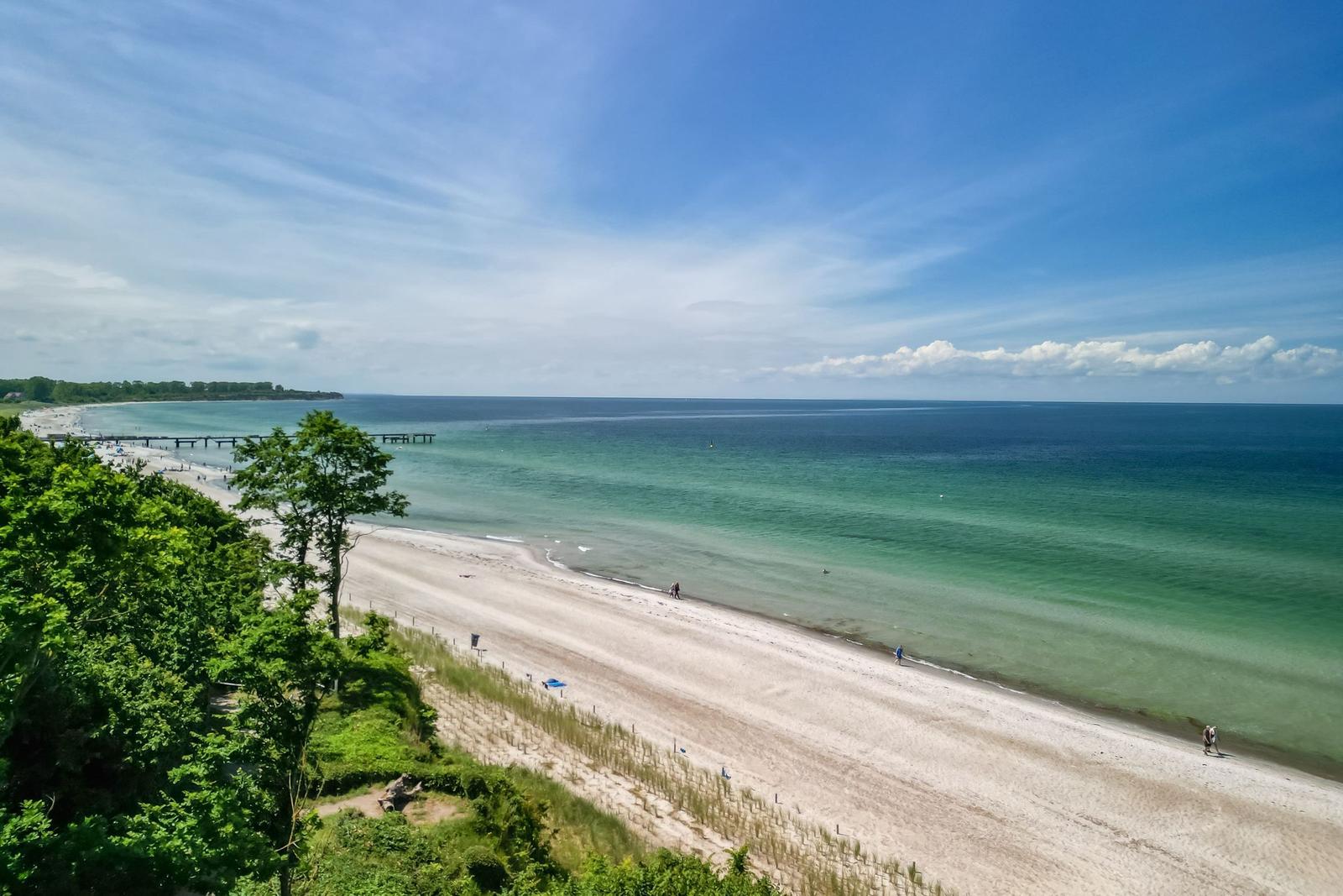 Strand mit Sand, Meer und Himmel. Menschen spazieren entlang des Ufers.