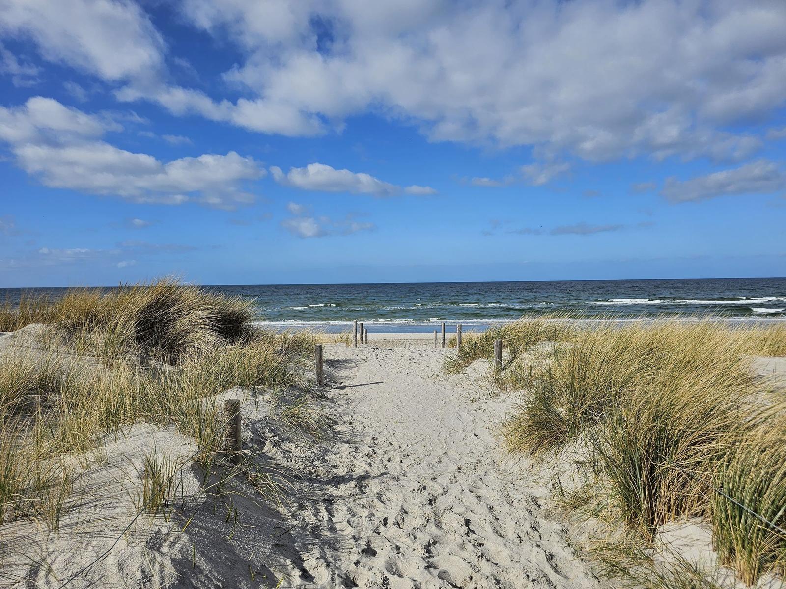 Sandweg durch Dünen zur Ostsee mit blauem Himmel und weißen Wolken.