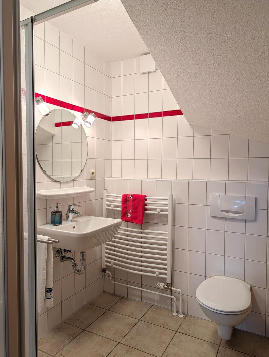 Badezimmer mit Waschbecken, Spiegel, Heizkörper und WC. Wandfliesen und rote Akzentstreifen.