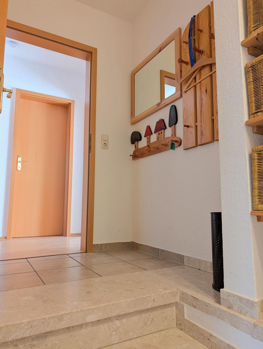Entrance area with wooden mirrors, shoe rack, and steps.