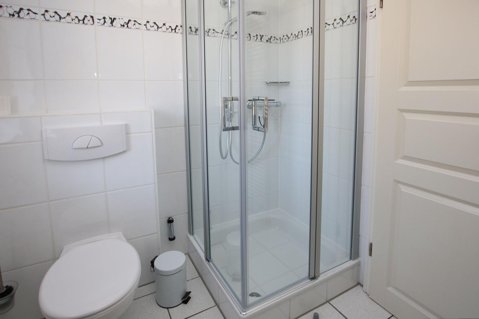 Badezimmer mit Dusche, Toilette und Pinguinfliesen